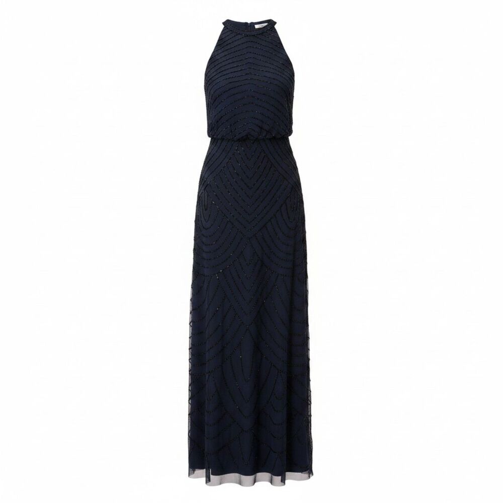 Adrianna Papell Women's Size 16 Black Halter Art Deco Beaded Blouson Dress